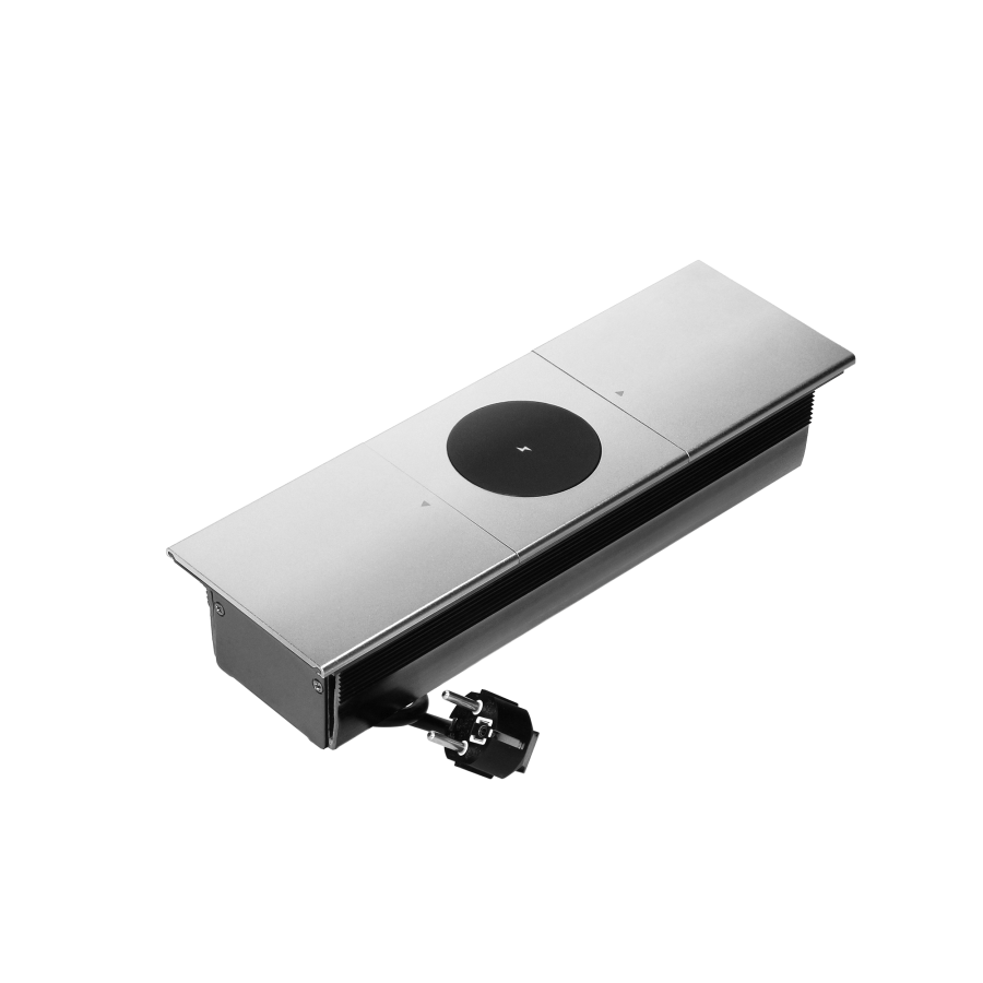 Furniture socket with sliding cover and 1.8m cable, wireless charger 15W, 2x2P+E (Schuko), silver