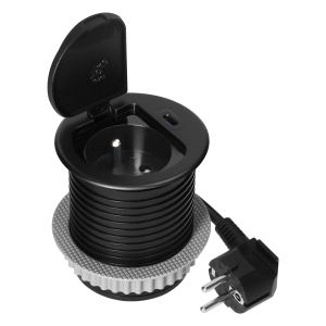 Furniture socket with USB charger, 1.9m cable, 1x2P+E (French), 1xUSB (type C; PD20W), black