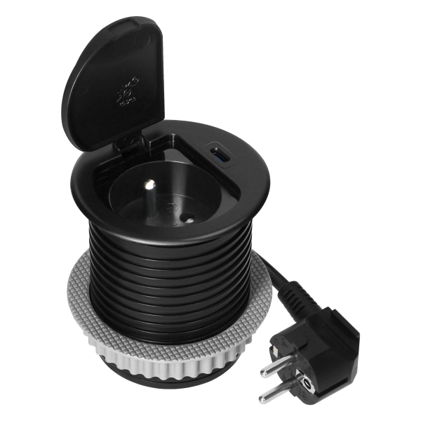 Furniture socket with USB charger, 1.9m cable, 1x2P+E (French), 1xUSB (type C; PD20W), black