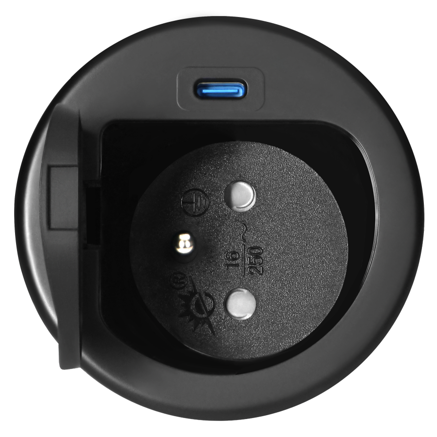 Furniture socket with USB charger, 1.9m cable, 1x2P+E (French), 1xUSB (type C; PD20W), black