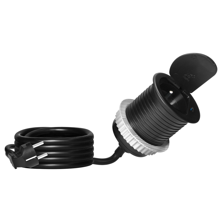 Gniazdo meblowe Ø6cm wpuszczane w blat z pokrywką, ładowarką USB i przewodem 1,9m, 1x2P+Z (French), 1xUSB (typ C; 20W), czarne
