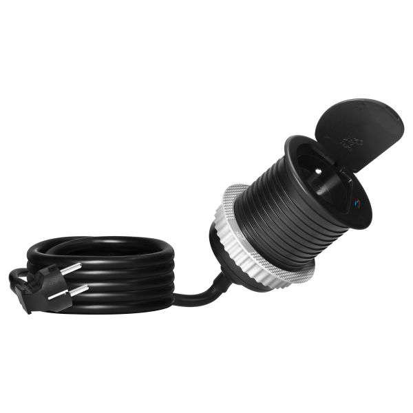 Gniazdo meblowe Ø6cm wpuszczane w blat z pokrywką, ładowarką USB i przewodem 1,9m, 1x2P+Z (French), 1xUSB (typ C; 20W), czarne