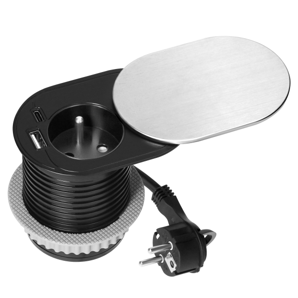 Furniture socket with USB charger and sliding cover, 1.9m cable, 1x2P+E (French), 2xUSB (type A+C; PD20W), silver