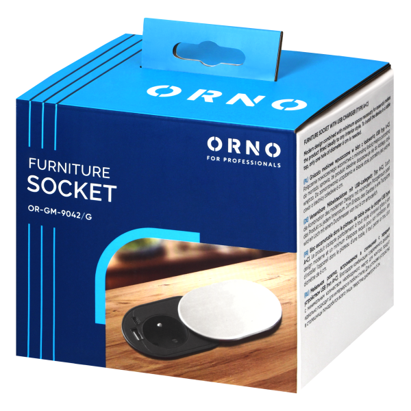 Gniazdo meblowe Ø6cm, wpuszczane w blat z przesuwną pokrywką, ładowarką USB i przewodem 1,9m, 1x2P+Z (French), 2xUSB (typ A+C; PD20W), srebrne