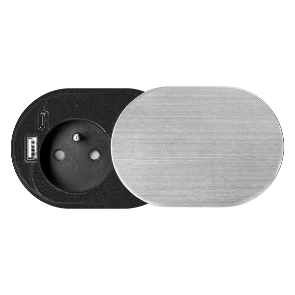 Gniazdo meblowe Ø6cm, wpuszczane w blat z przesuwną pokrywką, ładowarką USB i przewodem 1,9m, 1x2P+Z (French), 2xUSB (typ A+C; PD20W), srebrne