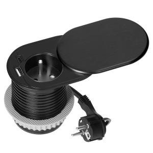 Gniazdo meblowe Ø6cm, wpuszczane w blat z przesuwną pokrywką, ładowarką USB i przewodem 1,9m, 1x2P+Z (French), 2xUSB (typ A+C; PD20W), czarne