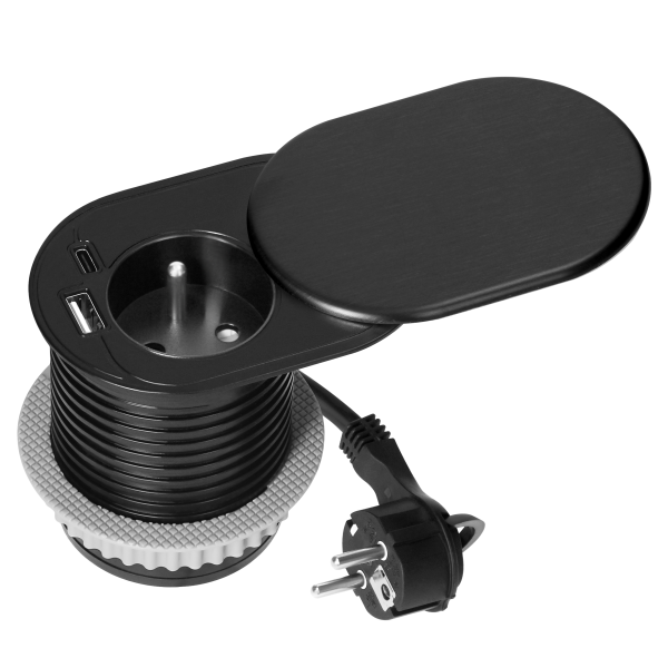 Gniazdo meblowe Ø6cm, wpuszczane w blat z przesuwną pokrywką, ładowarką USB i przewodem 1,9m, 1x2P+Z (French), 2xUSB (typ A+C; PD20W), czarne
