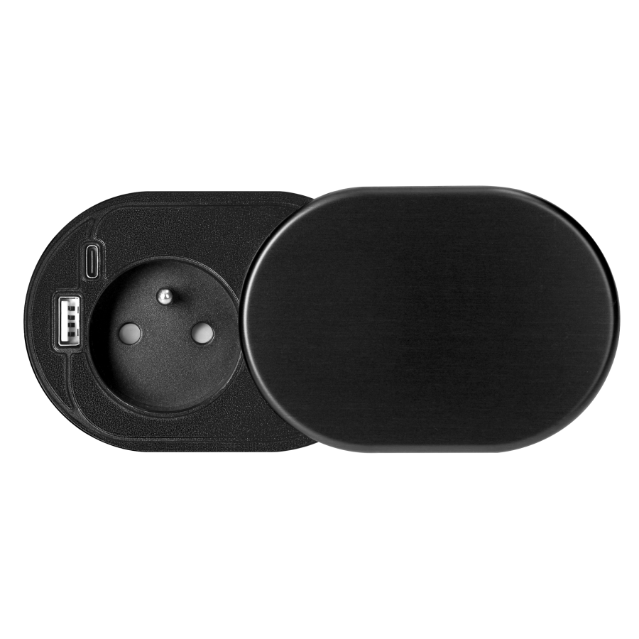 Gniazdo meblowe Ø6cm, wpuszczane w blat z przesuwną pokrywką, ładowarką USB i przewodem 1,9m, 1x2P+Z (French), 2xUSB (typ A+C; PD20W), czarne