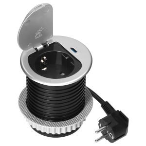 Gniazdo meblowe Ø6cm wpuszczane w blat z pokrywką, ładowarką USB i przewodem 1,9m, 1x2P+Z (Schuko), 1xUSB (typ C; 20W), srebrne