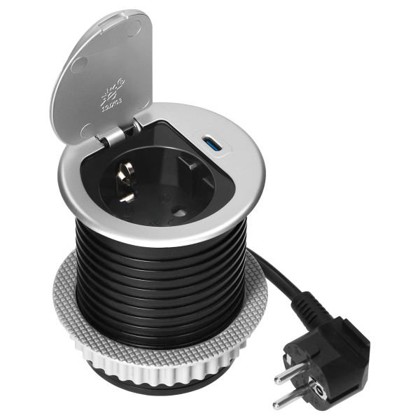 Gniazdo meblowe Ø6cm wpuszczane w blat z pokrywką, ładowarką USB i przewodem 1,9m, 1x2P+Z (Schuko), 1xUSB (typ C; 20W), srebrne