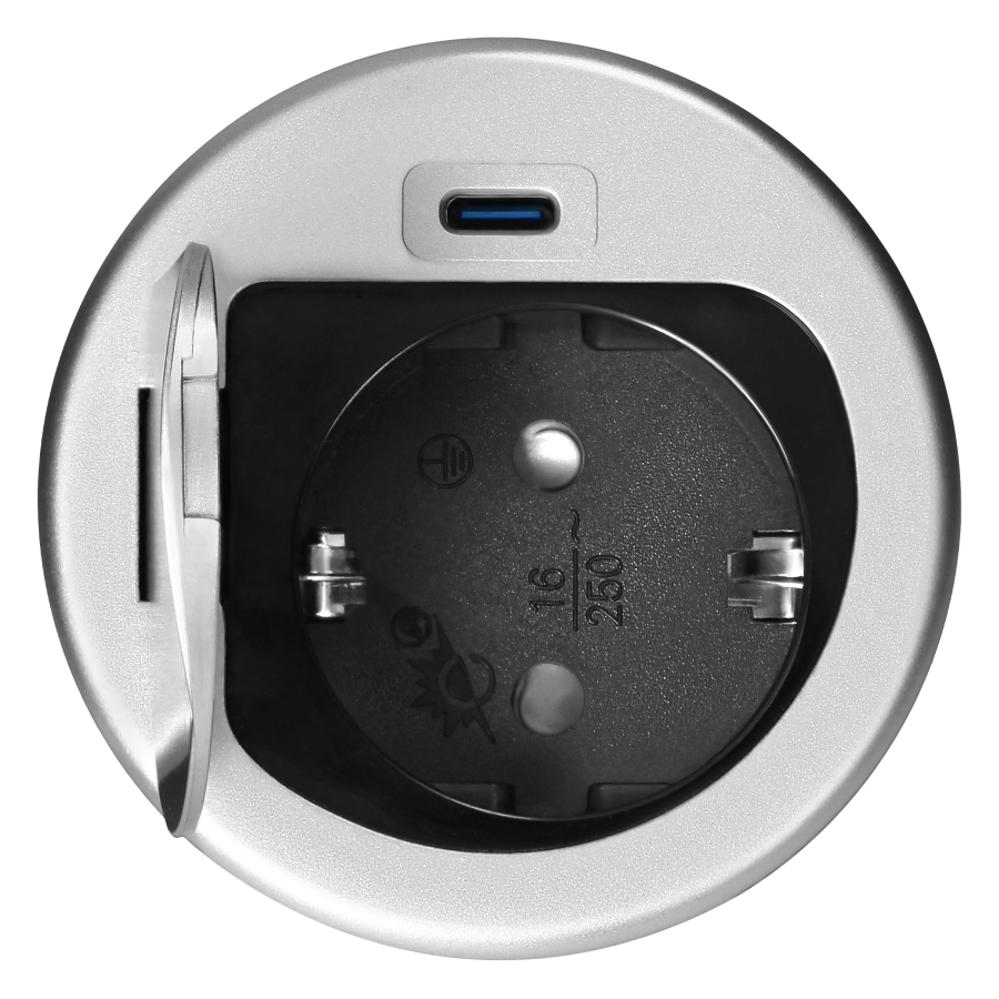 Gniazdo meblowe Ø6cm wpuszczane w blat z pokrywką, ładowarką USB i przewodem 1,9m, 1x2P+Z (Schuko), 1xUSB (typ C; 20W), srebrne