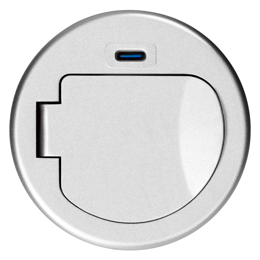 Gniazdo meblowe Ø6cm wpuszczane w blat z pokrywką, ładowarką USB i przewodem 1,9m, 1x2P+Z (Schuko), 1xUSB (typ C; 20W), srebrne