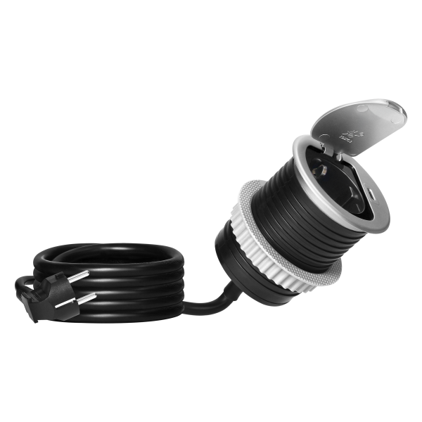 Furniture socket with USB charger, 1.9m cable, 1x2P+E (Schuko), 1xUSB (type C; PD20W), silver