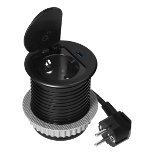 Furniture socket with USB charger, 1.9m cable, 1x2P+E (Schuko), 1xUSB (type C; PD20W), black