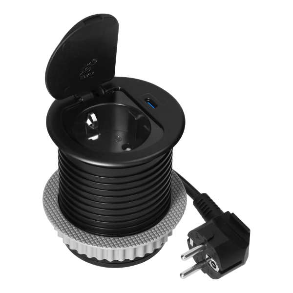 Gniazdo meblowe Ø6cm wpuszczane w blat z pokrywką, ładowarką USB i przewodem 1,9m, 1x2P+Z (Schuko), 1xUSB (typ C; 20W), czarne