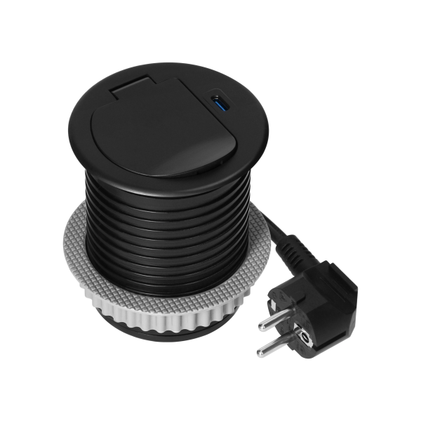 Furniture socket with USB charger, 1.9m cable, 1x2P+E (Schuko), 1xUSB (type C; PD20W), black