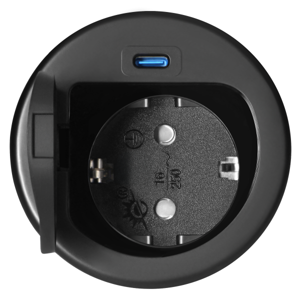 Furniture socket with USB charger, 1.9m cable, 1x2P+E (Schuko), 1xUSB (type C; PD20W), black