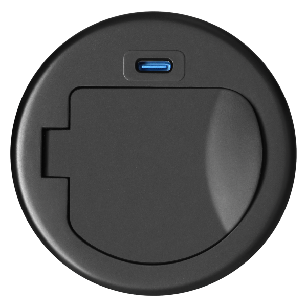 Gniazdo meblowe Ø6cm wpuszczane w blat z pokrywką, ładowarką USB i przewodem 1,9m, 1x2P+Z (Schuko), 1xUSB (typ C; 20W), czarne