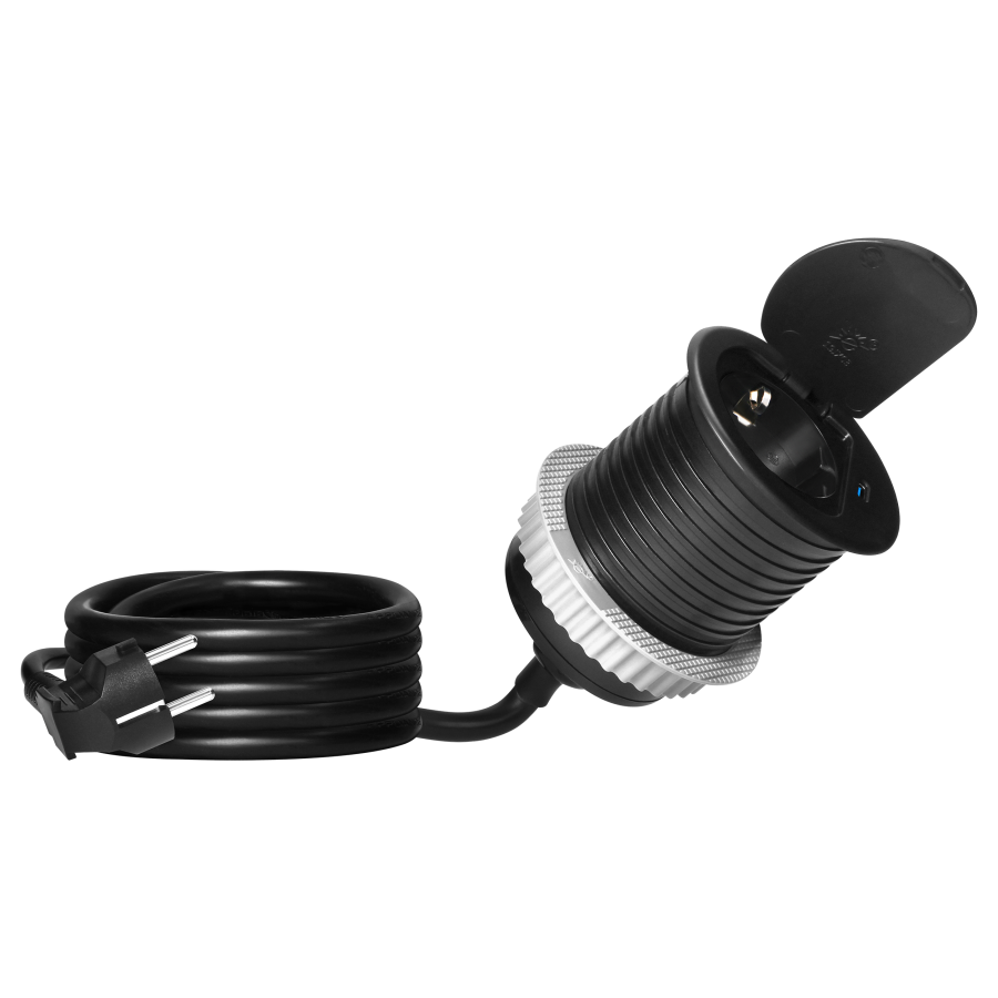 Gniazdo meblowe Ø6cm wpuszczane w blat z pokrywką, ładowarką USB i przewodem 1,9m, 1x2P+Z (Schuko), 1xUSB (typ C; 20W), czarne