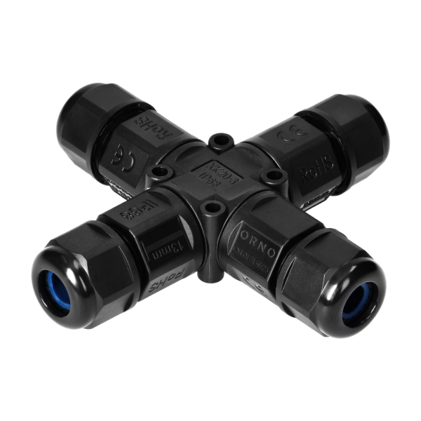 Cable Connector 4-way, X-type with quick connector, IP68 3x4mm², 400V/25A