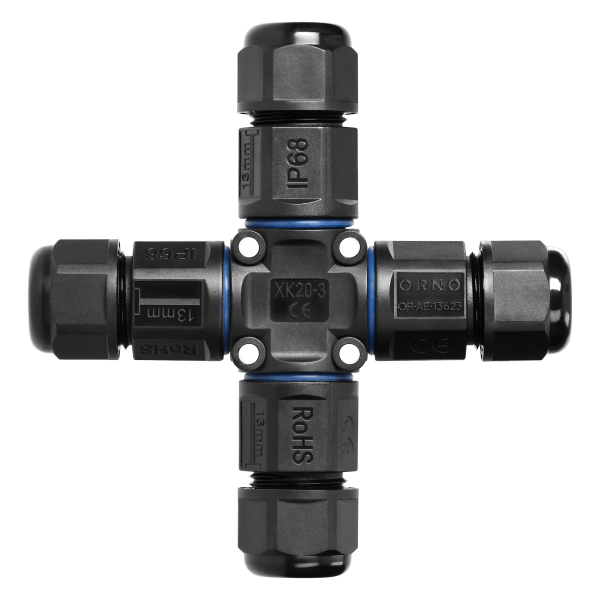 Cable Connector 4-way, X-type with quick connector, IP68 3x4mm², 400V/25A