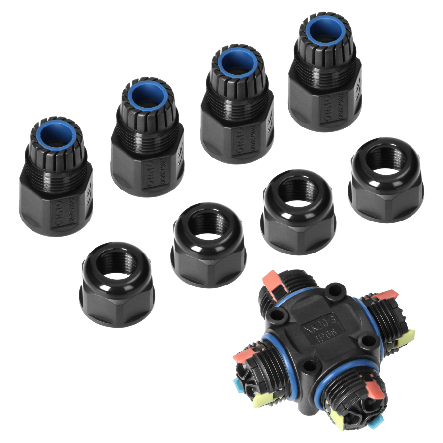 Cable Connector 4-way, X-type with quick connector, IP68 3x4mm², 400V/25A