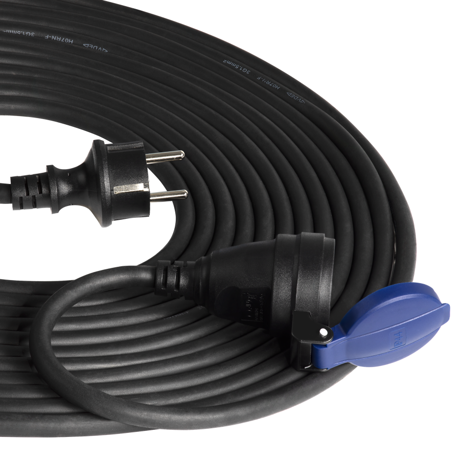 Heavy-duty extension cord with rubber cord 30m long, IP44