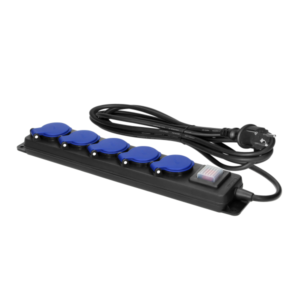 Przedłużacz warsztatowy bryzgoszczelny z wyłącznikiem, 5 gniazd 2P+Z, IP44, przewód gumowy, H05RR-F 3x1,5mm², długość 3m