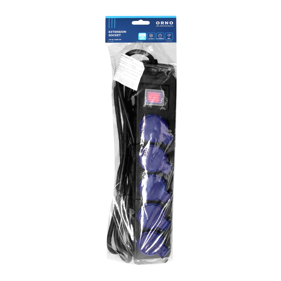 Splash-proof workshop extension socket with switch, 5 sockets 2P+E, IP44, rubber cable, H05RR-F 3x1.5mm², 3m