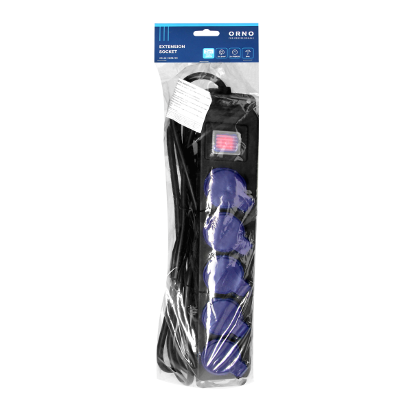 Splash-proof workshop extension socket with switch, 5 sockets 2P+E, IP44, rubber cable, H05RR-F 3x1.5mm², 3m