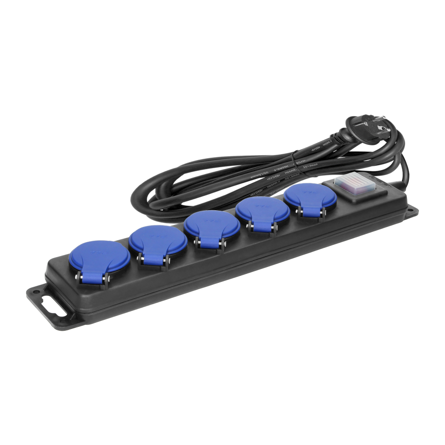 Splash-proof workshop extension socket with switch, 5 sockets 2P+E, IP44, rubber cable, H05RR-F 3x1.5mm², 3m