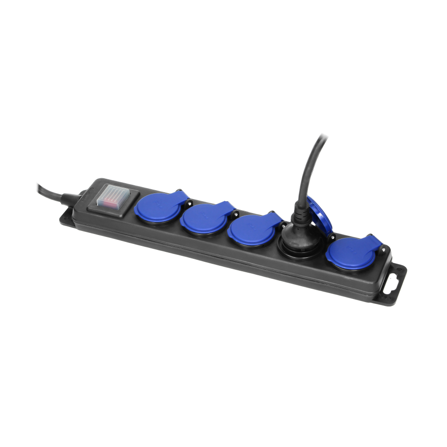 Splash-proof workshop extension socket with switch, 5 sockets 2P+E, IP44, rubber cable, H05RR-F 3x1.5mm², 3m