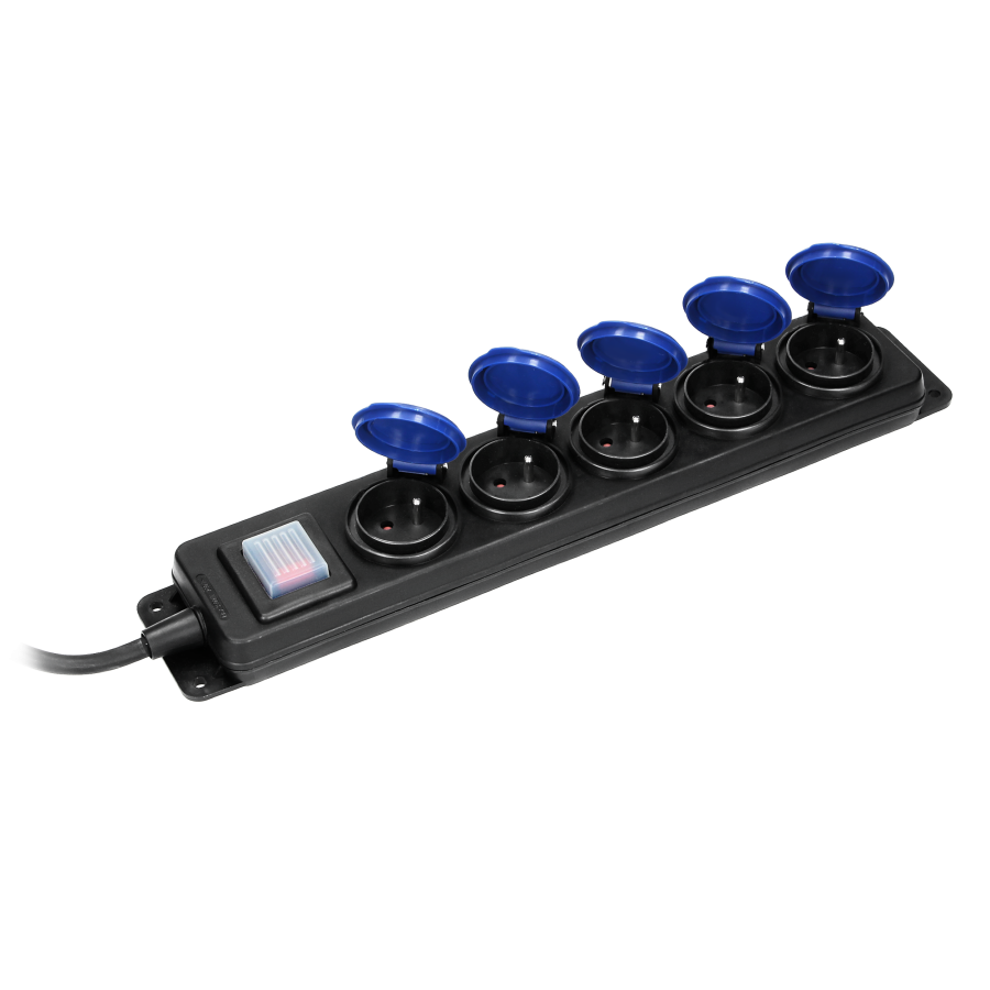 Splash-proof workshop extension socket with switch, 5 sockets 2P+E, IP44, rubber cable, H05RR-F 3x1.5mm², 3m