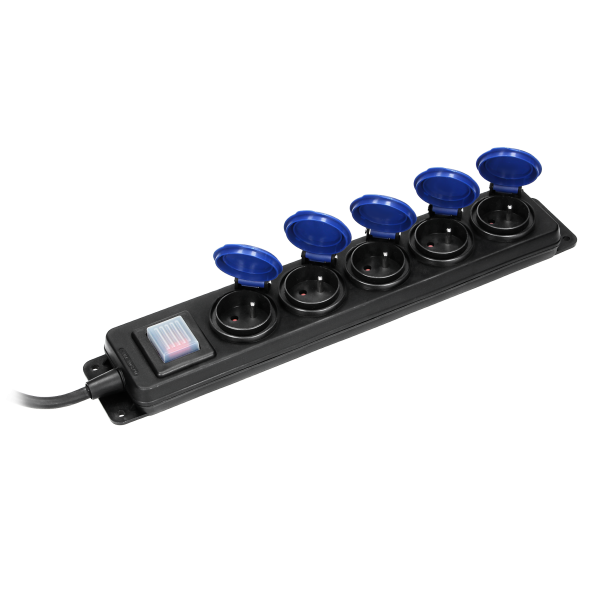 Splash-proof workshop extension socket with switch, 5 sockets 2P+E, IP44, rubber cable, H05RR-F 3x1.5mm², 3m