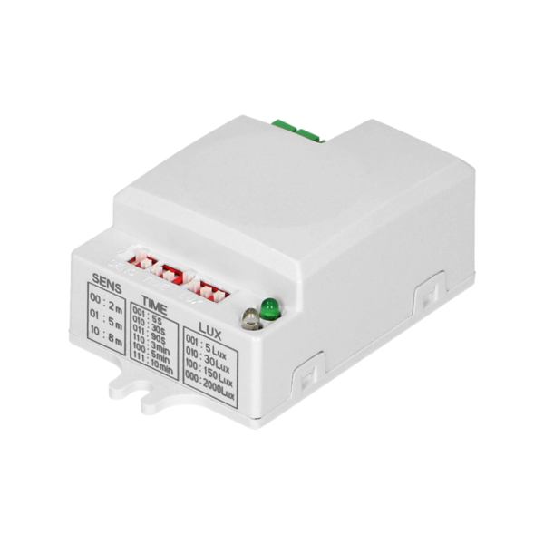 Microwave motion sensor with DIP switch, flat, mini, 360°/180°, IP20, 1200W