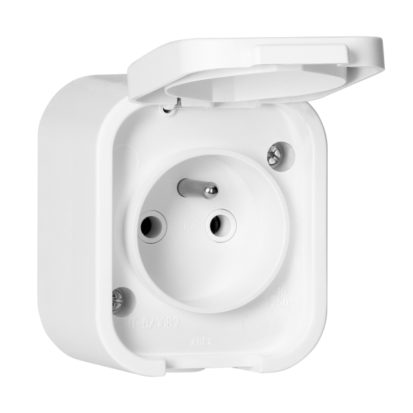 Surface-mounted single socket 2P+E, splash-proof with cover B2, IP54, NT-16B2, white
