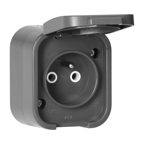 Surface-mounted single socket 2P+E, splash-proof with cover B2, IP54, NT-16B2, gray