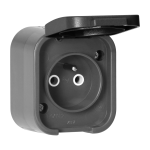 Surface-mounted single socket 2P+E, splash-proof with cover B2, IP54, NT-16B2, gray/black