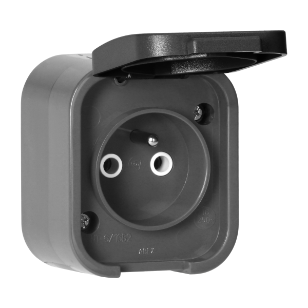 Surface-mounted single socket 2P+E, splash-proof with cover B2, IP54, NT-16B2, gray/black