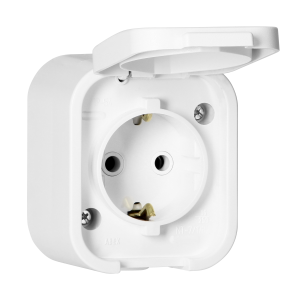 Surface-mounted single socket 2P+E, Schuko, splash-proof with cover B2, IP54, NT-17B2, white