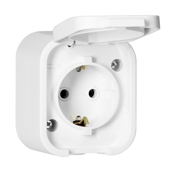 Surface-mounted single socket 2P+E, Schuko, splash-proof with cover B2, IP54, NT-17B2, white