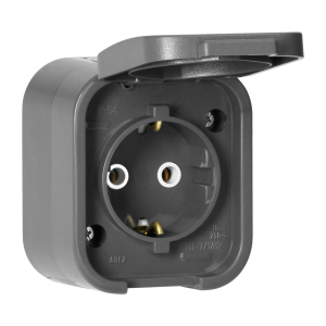 Surface-mounted single socket 2P+E, Schuko, splash-proof with cover B2, IP54, NT-17B2, gray