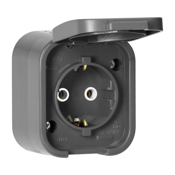 Surface-mounted single socket 2P+E, Schuko, splash-proof with cover B2, IP54, NT-17B2, gray
