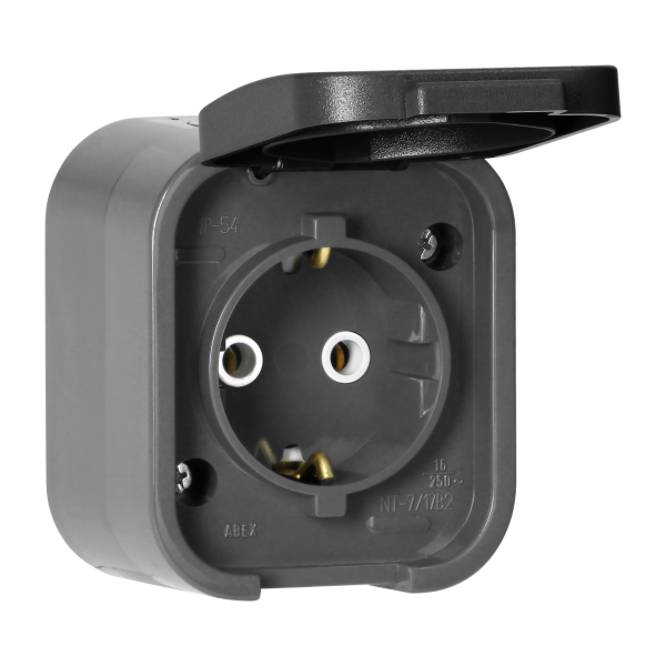 Surface-mounted single socket 2P+E, Schuko, splash-proof with cover B2, IP54, NT-17B2, gray/black