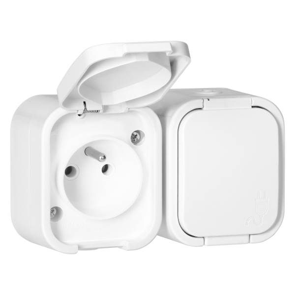 Surface-mounted double socket 2x2P+E, splash-proof with cover B2, IP54, NT-6B2, white