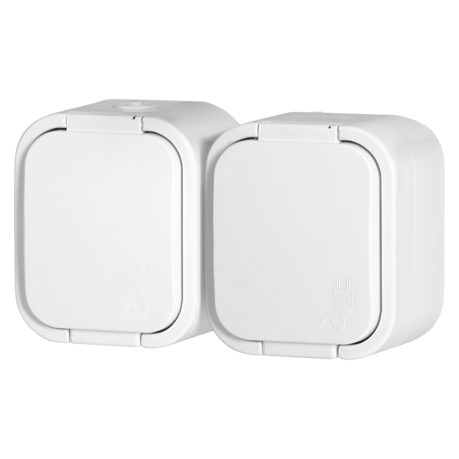 Surface-mounted double socket 2x2P+E, splash-proof with cover B2, IP54, NT-6B2, white