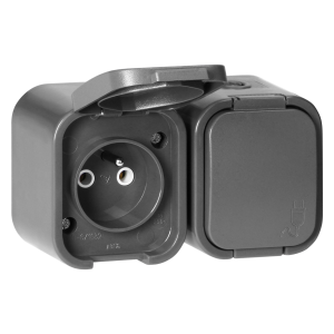 Surface-mounted double socket 2x2P+E, splash-proof with cover B2, IP54, NT-6B2, gray