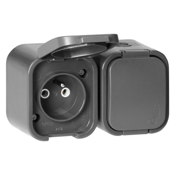 Surface-mounted double socket 2x2P+E, splash-proof with cover B2, IP54, NT-6B2, gray