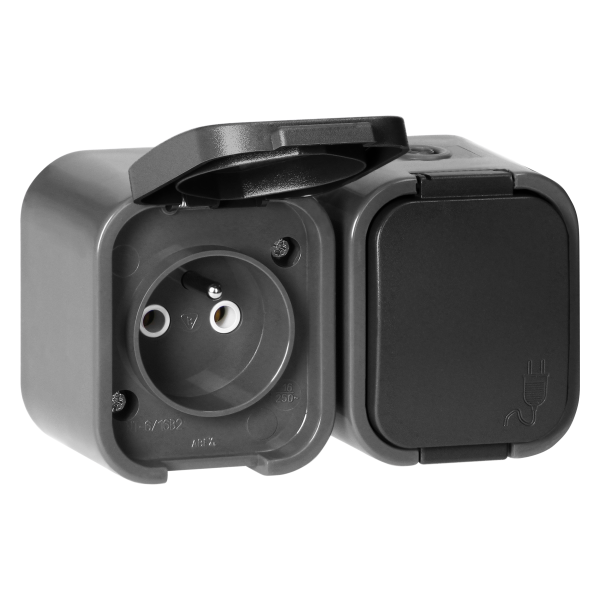 Surface-mounted double socket 2x2P+E, splash-proof with cover B2, IP54, NT-6B2, gray/black