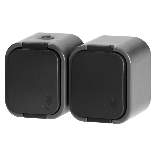 Surface-mounted double socket 2x2P+E, splash-proof with cover B2, IP54, NT-6B2, gray/black